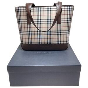 Burberry Nova Check Tote Bag Brown Beige Tan Silver